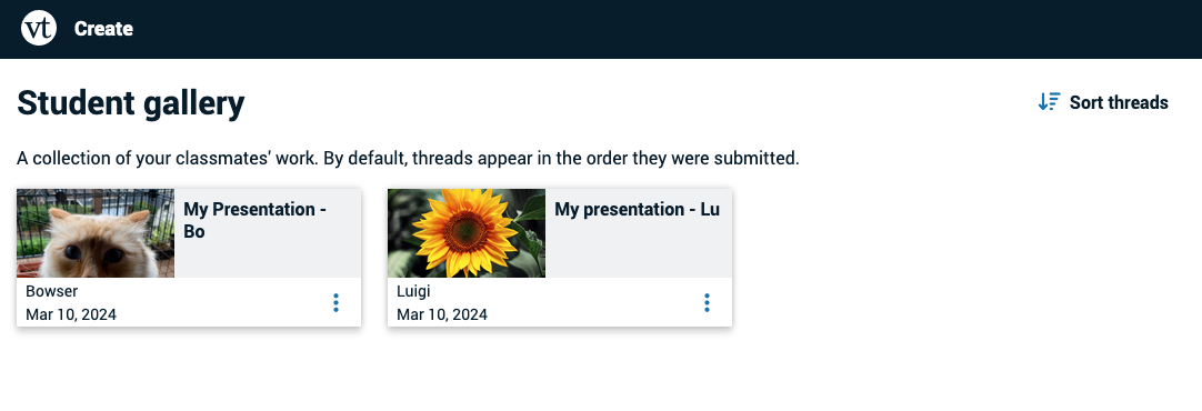 Screenshot of the student gallery with two VoiceThread thumbnails and the button to view thread